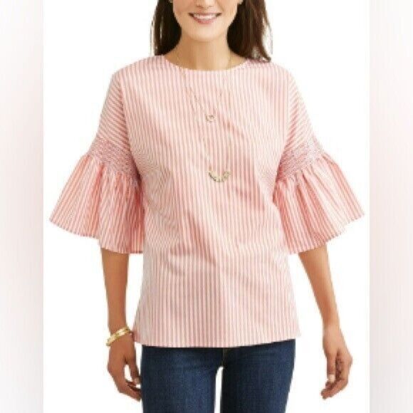 Como Blu Smocked Bell Sleeve Top in Coral Stripes Size Medium - Picture 1 of 2